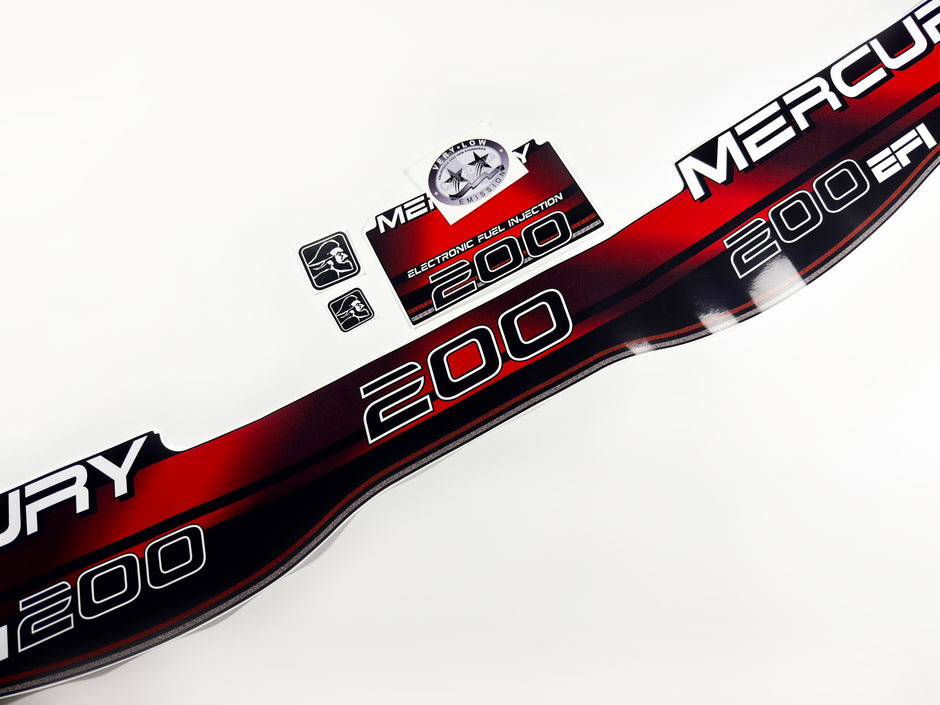 Vinyl red graphic decals set suitable for Mercury 200 hp two stroke EFI outboard engine. Vinyl stickers kit for Mercury 200 hp Handmade