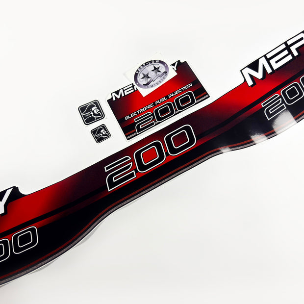 Vinyl red graphic decals set suitable for Mercury 200 hp two stroke EFI outboard engine. Vinyl stickers kit for Mercury 200 hp Handmade