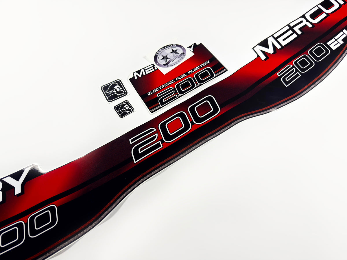 Vinyl red graphic decals set suitable for Mercury 200 hp two stroke EFI outboard engine. Vinyl stickers kit for Mercury 200 hp Handmade