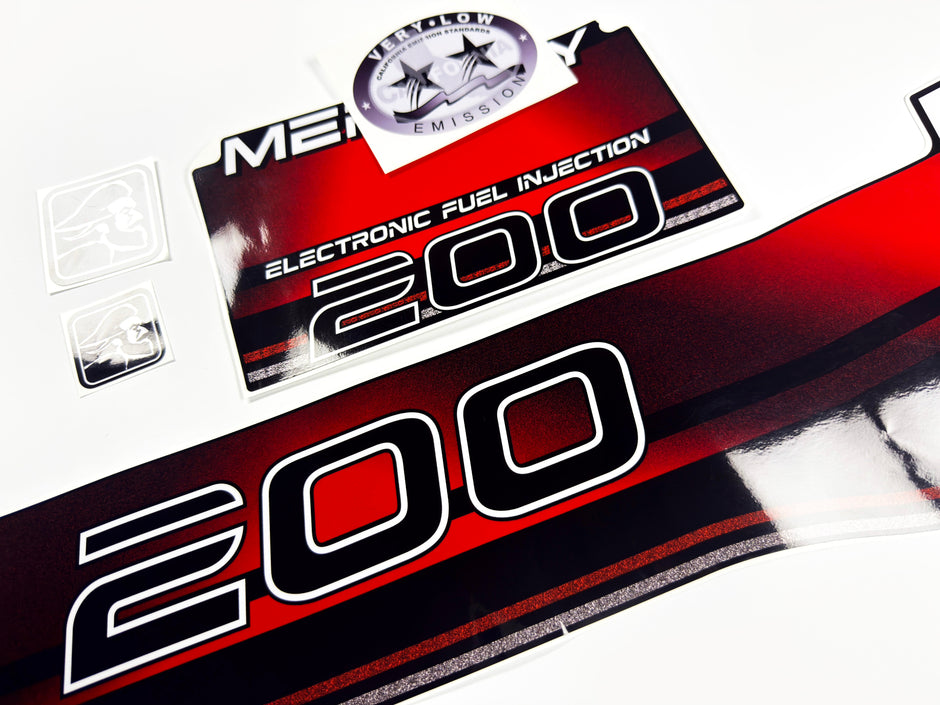 Vinyl red graphic decals set suitable for Mercury 200 hp two stroke EFI outboard engine. Vinyl stickers kit for Mercury 200 hp Handmade