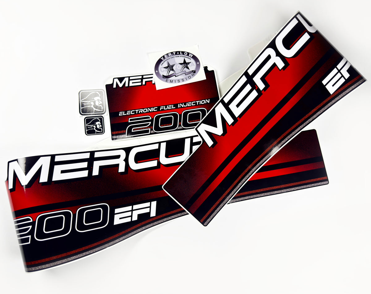 Vinyl red graphic decals set suitable for Mercury 200 hp two stroke EFI outboard engine. Vinyl stickers kit for Mercury 200 hp Handmade
