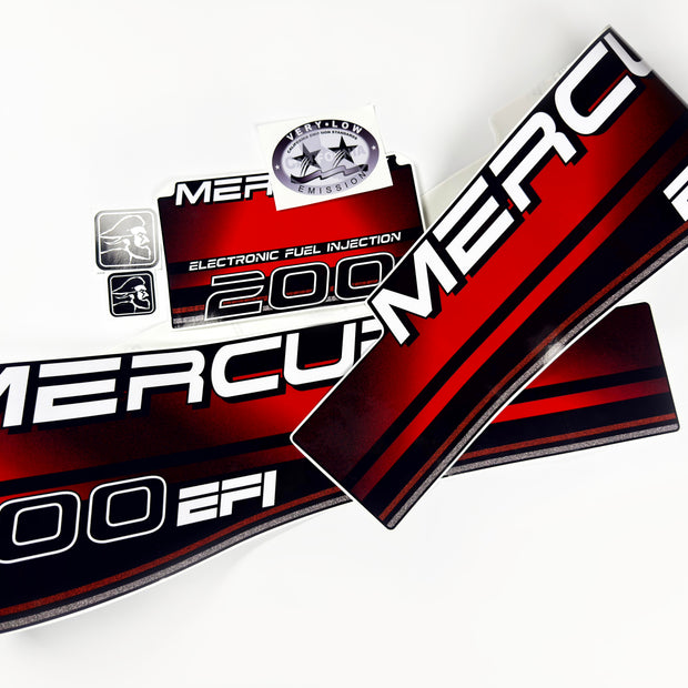 Vinyl red graphic decals set suitable for Mercury 200 hp two stroke EFI outboard engine. Vinyl stickers kit for Mercury 200 hp Handmade