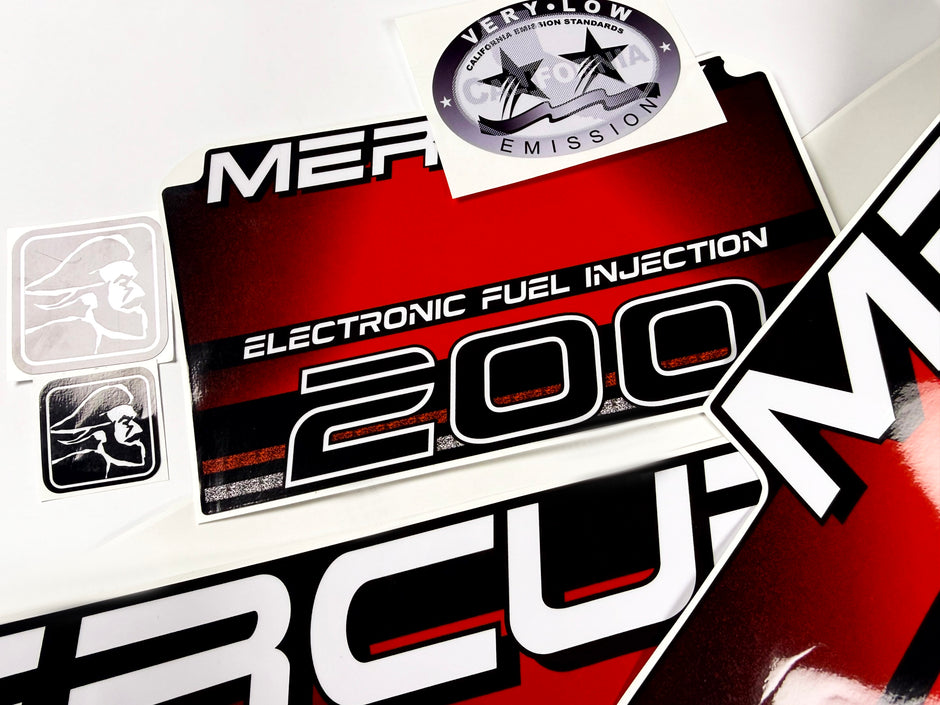 Vinyl red graphic decals set suitable for Mercury 200 hp two stroke EFI outboard engine. Vinyl stickers kit for Mercury 200 hp Handmade