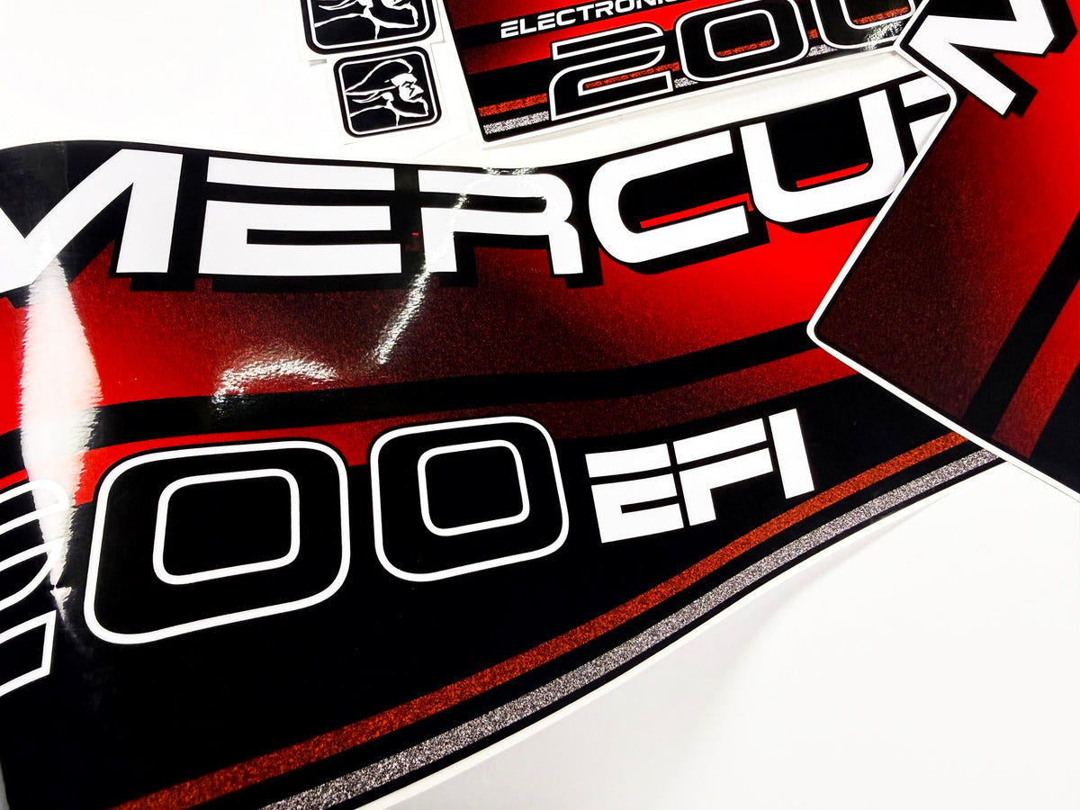 Vinyl red graphic decals set suitable for Mercury 200 hp two stroke EFI outboard engine. Vinyl stickers kit for Mercury 200 hp Handmade