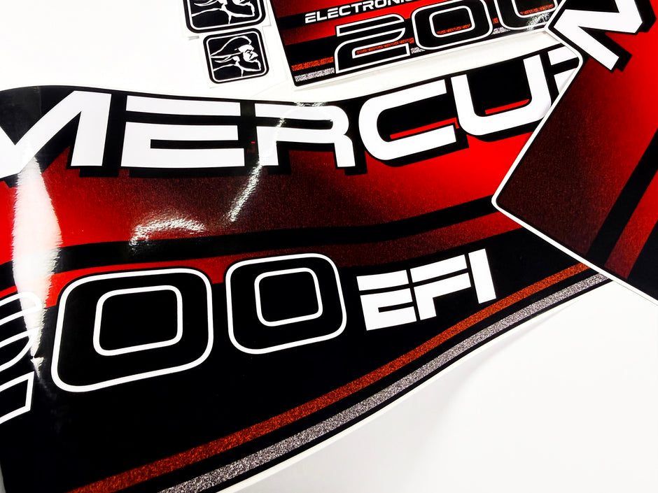 Vinyl red graphic decals set suitable for Mercury 200 hp two stroke EFI outboard engine. Vinyl stickers kit for Mercury 200 hp Handmade