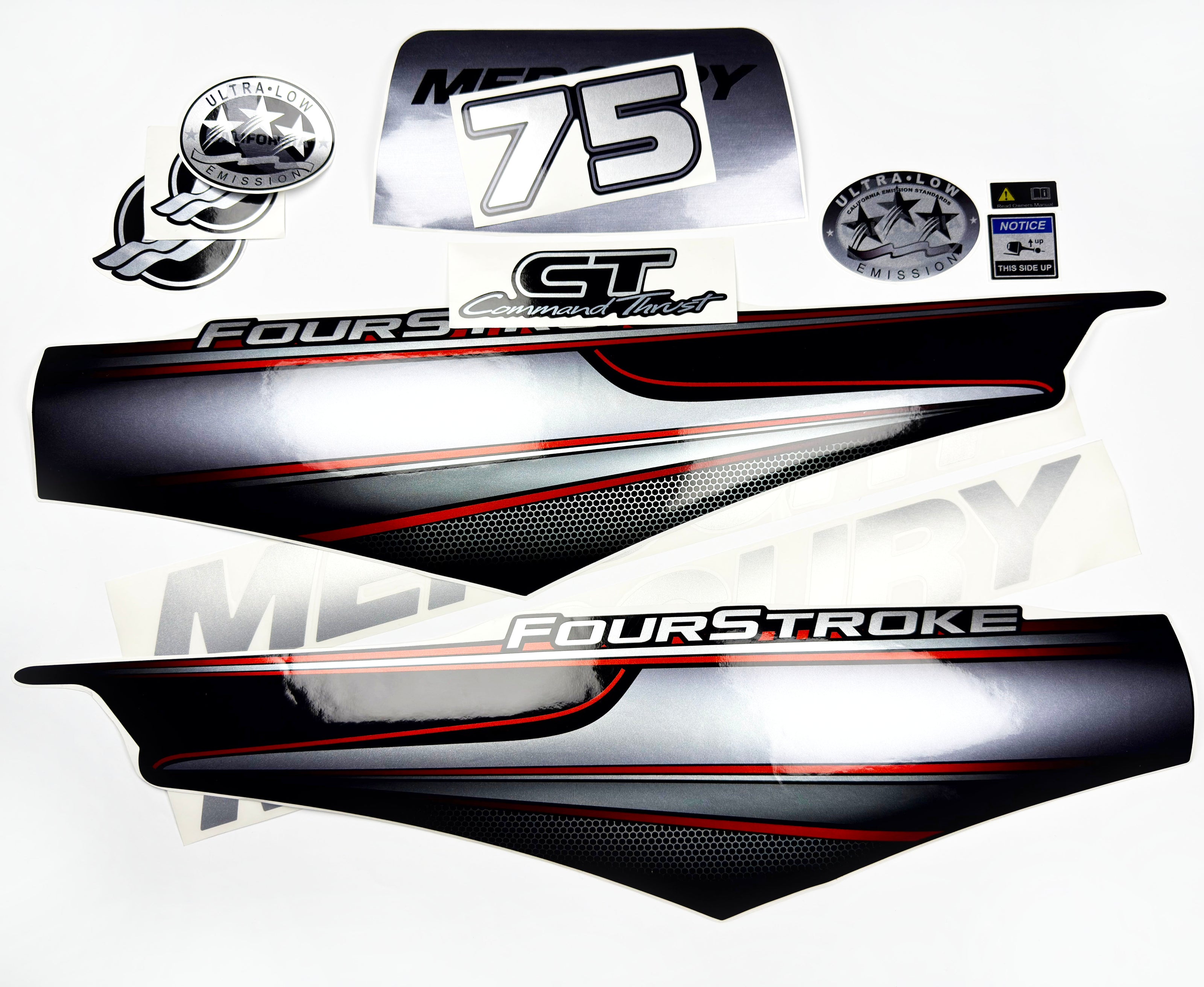 Vinyl graphic silver shimmer decals set suitable for Mercury 75 hp four stroke outboard engine. Vinyl silver shimmer stickers kit for Mercury 75 hp four stroke Handmade
