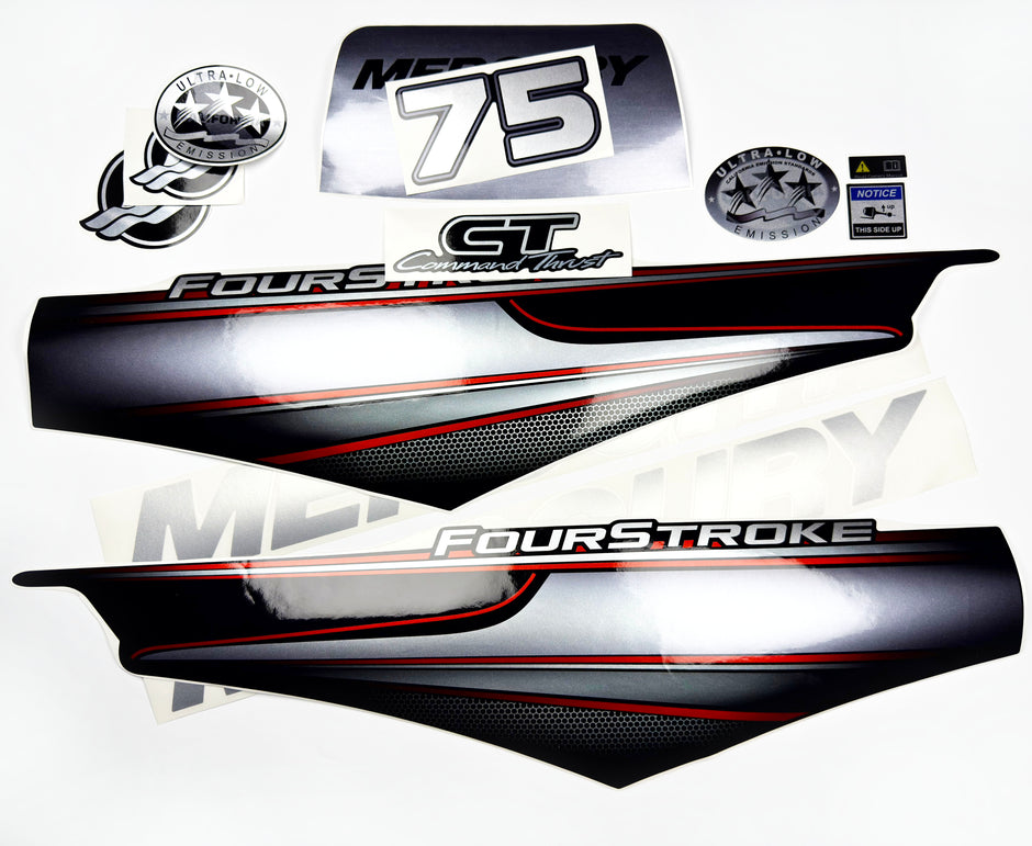Vinyl graphic silver shimmer decals set suitable for Mercury 75 hp four stroke outboard engine. Vinyl silver shimmer stickers kit for Mercury 75 hp four stroke Handmade