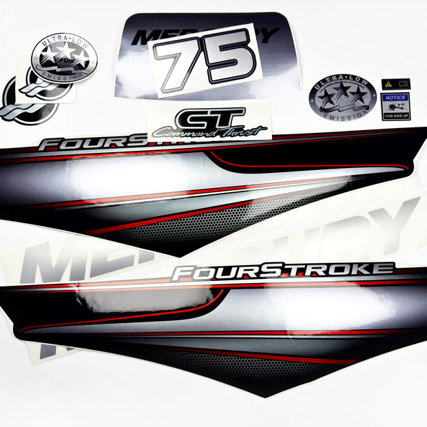 Vinyl graphic silver shimmer decals set suitable for Mercury 75 hp four stroke outboard engine. Vinyl silver shimmer stickers kit for Mercury 75 hp four stroke Handmade
