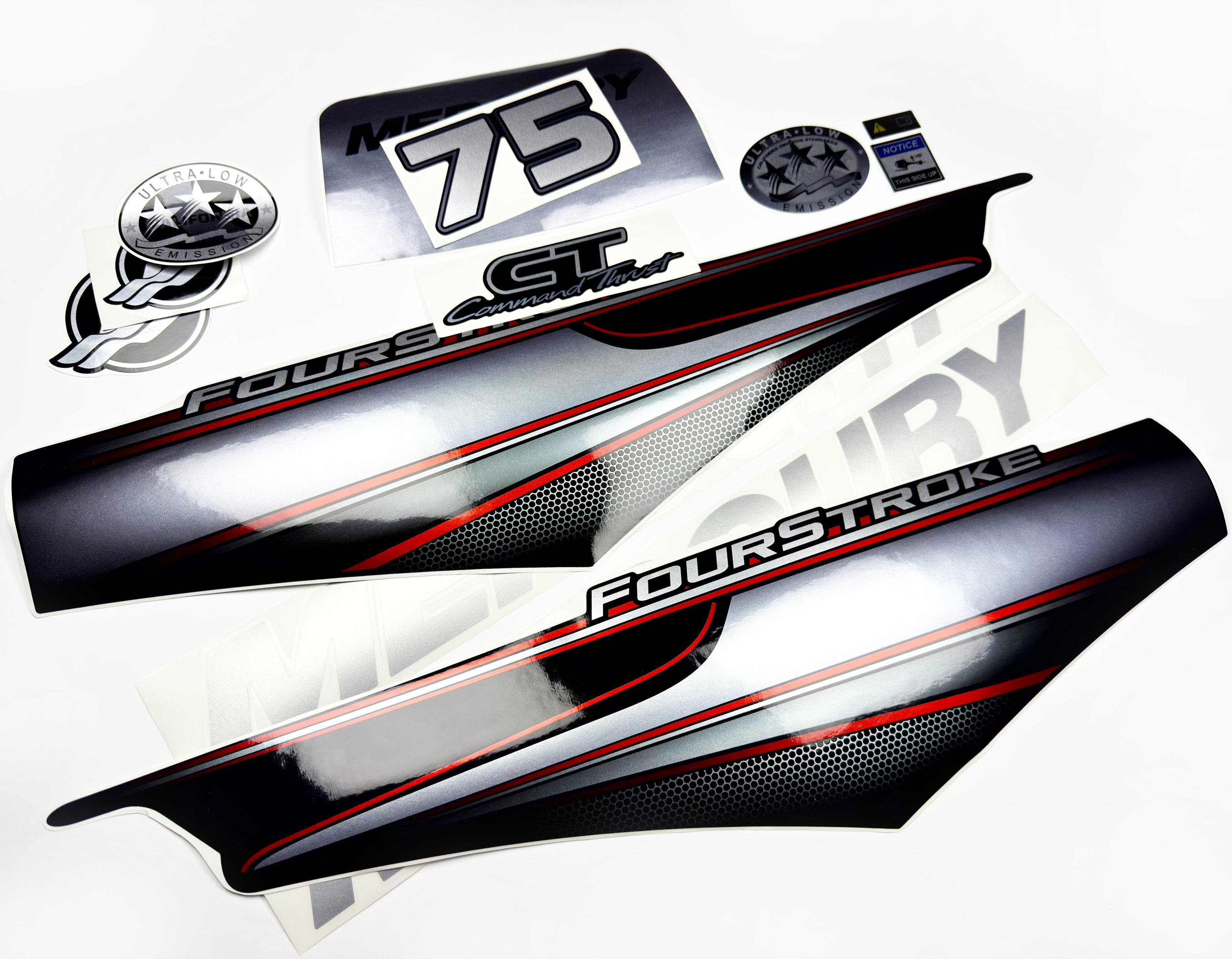 Vinyl graphic silver shimmer decals set suitable for Mercury 75 hp four stroke outboard engine. Vinyl silver shimmer stickers kit for Mercury 75 hp four stroke Handmade