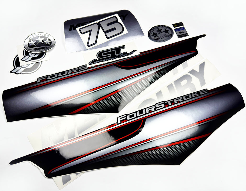 Vinyl graphic silver shimmer decals set suitable for Mercury 75 hp four stroke outboard engine. Vinyl silver shimmer stickers kit for Mercury 75 hp four stroke Handmade