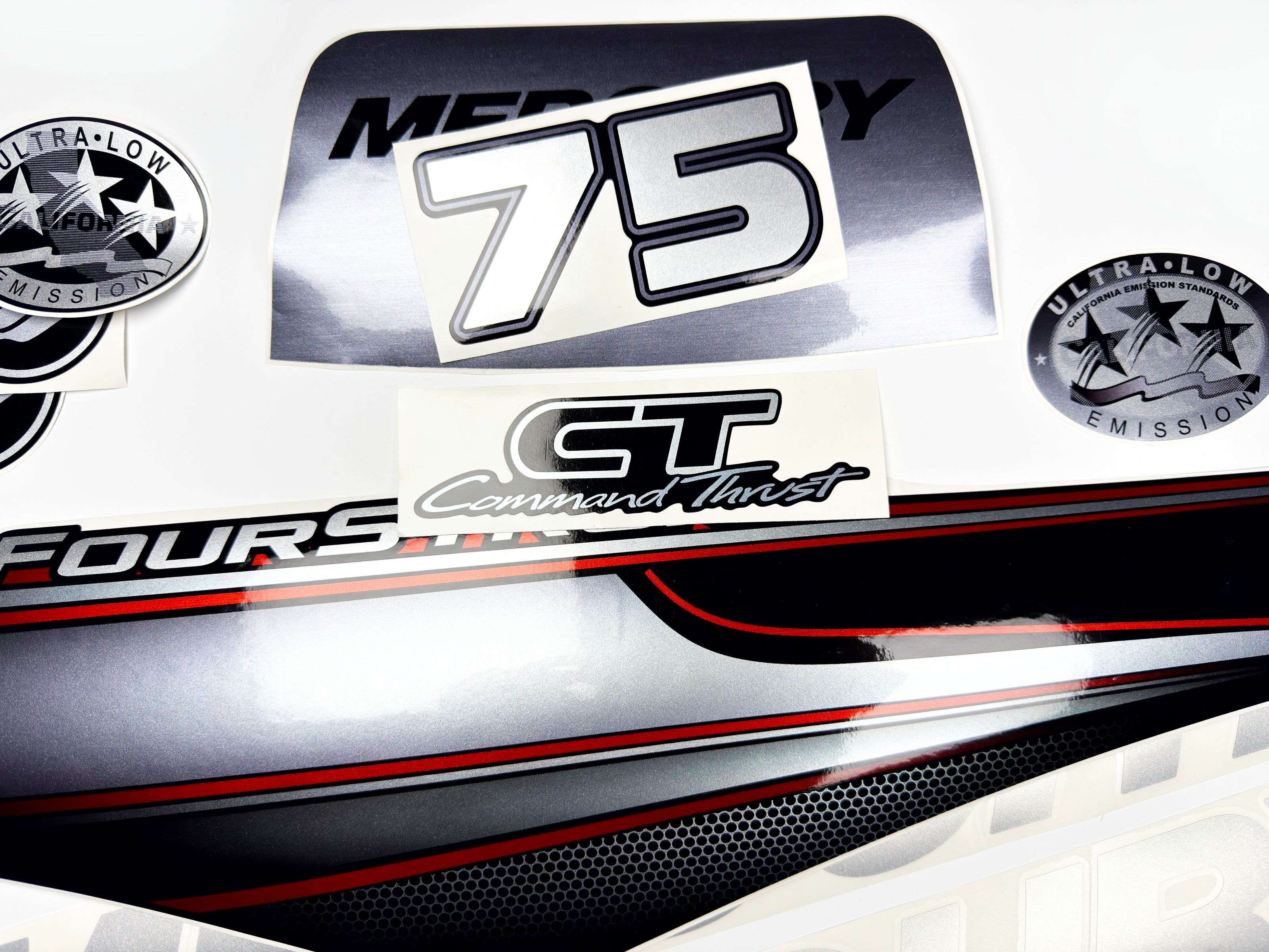 Vinyl graphic silver shimmer decals set suitable for Mercury 75 hp four stroke outboard engine. Vinyl silver shimmer stickers kit for Mercury 75 hp four stroke Handmade