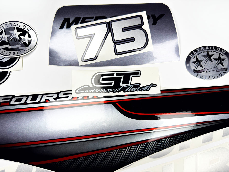 Vinyl graphic silver shimmer decals set suitable for Mercury 75 hp four stroke outboard engine. Vinyl silver shimmer stickers kit for Mercury 75 hp four stroke Handmade