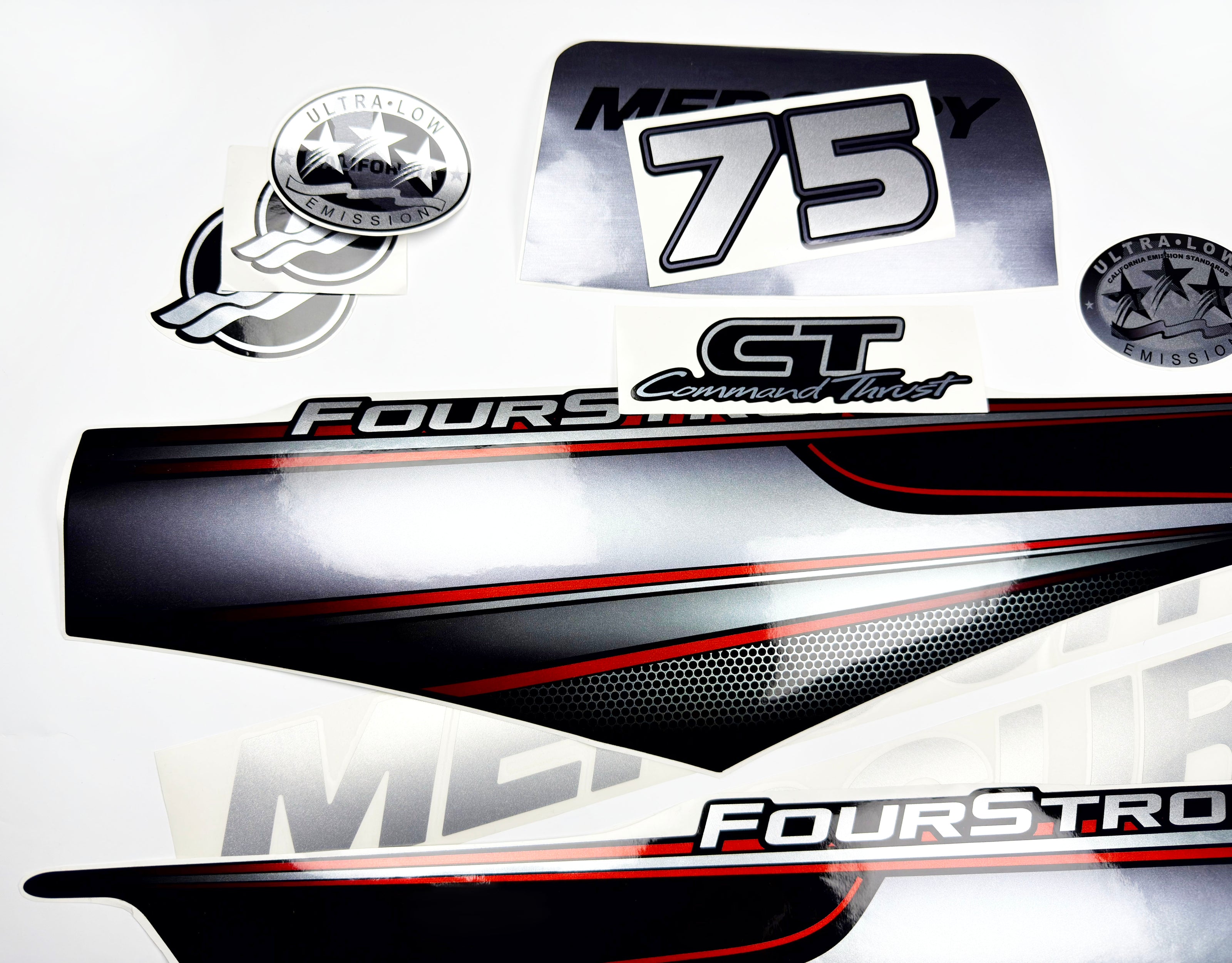 Vinyl graphic silver shimmer decals set suitable for Mercury 75 hp four stroke outboard engine. Vinyl silver shimmer stickers kit for Mercury 75 hp four stroke Handmade