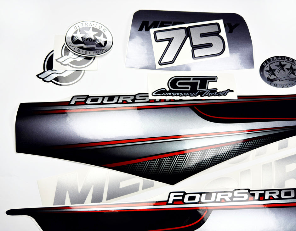 Vinyl graphic silver shimmer decals set suitable for Mercury 75 hp four stroke outboard engine. Vinyl silver shimmer stickers kit for Mercury 75 hp four stroke Handmade