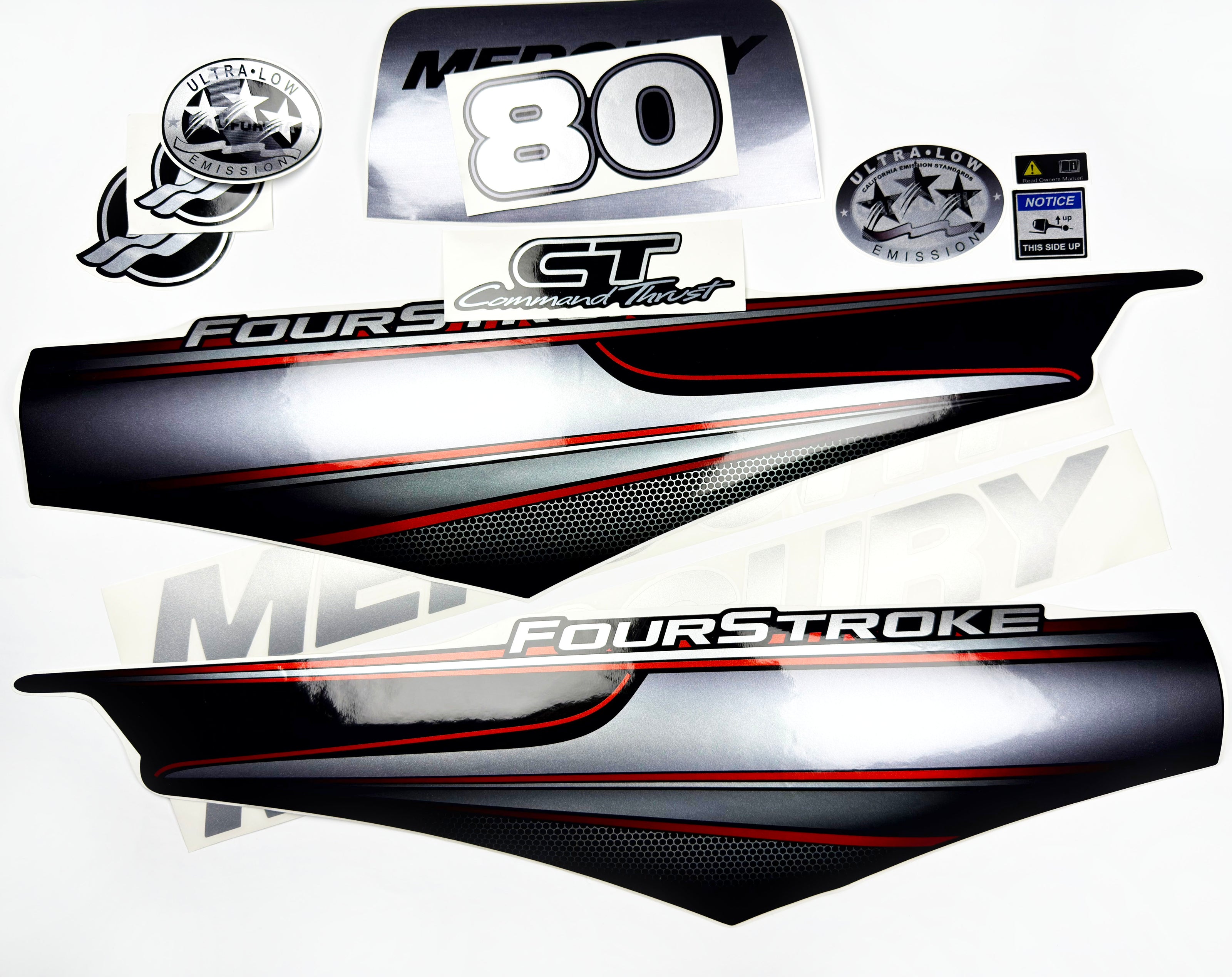 Vinyl graphic silver shimmer decals set suitable for Mercury 80 hp four stroke outboard engine. Vinyl silver shimmer stickers kit for Mercury 80 hp four stroke Handmade
