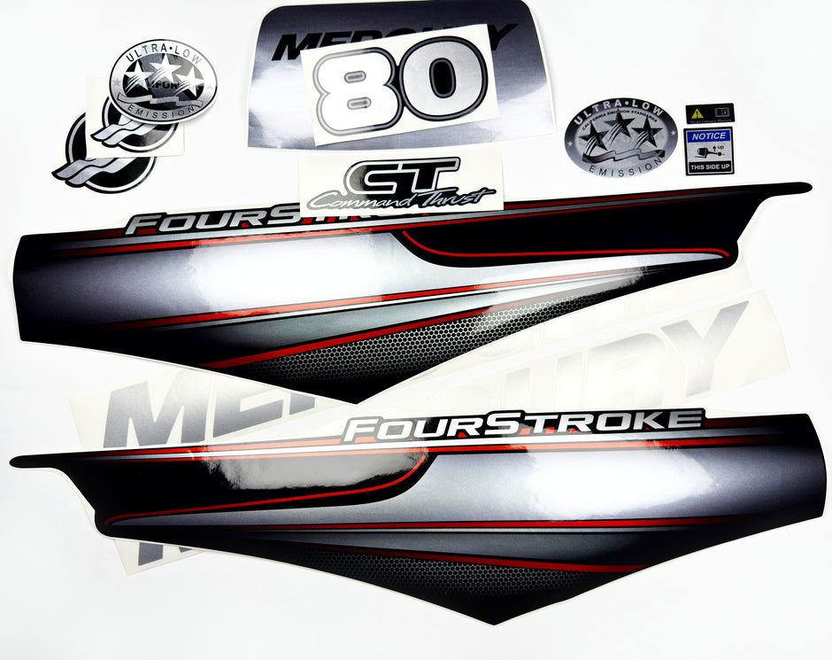Vinyl graphic silver shimmer decals set suitable for Mercury 80 hp four stroke outboard engine. Vinyl silver shimmer stickers kit for Mercury 80 hp four stroke Handmade