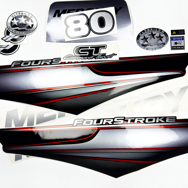 Vinyl graphic silver shimmer decals set suitable for Mercury 80 hp four stroke outboard engine. Vinyl silver shimmer stickers kit for Mercury 80 hp four stroke Handmade