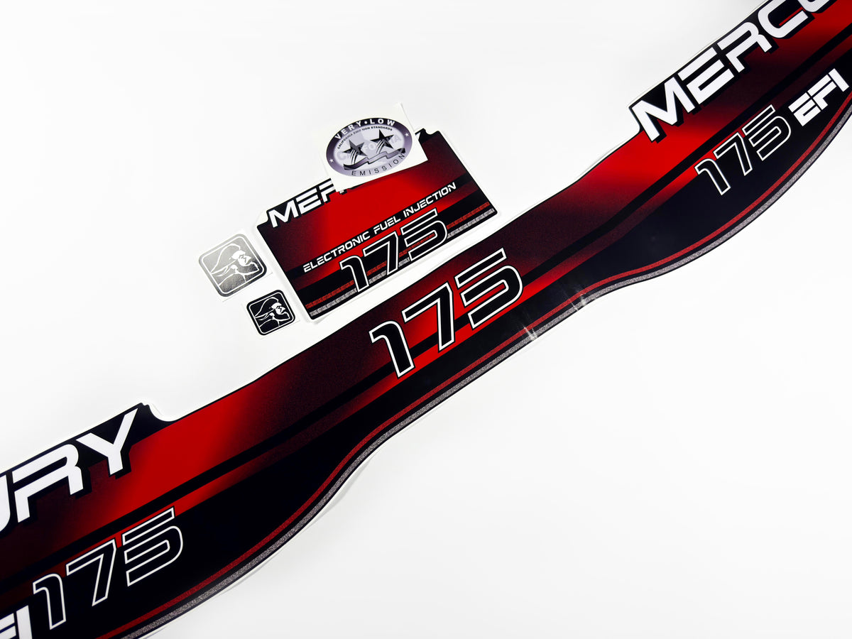 Vinyl red graphic decals set suitable for Mercury 175 hp two stroke EFI outboard engine. Vinyl stickers kit for Mercury 175 hp Handmade