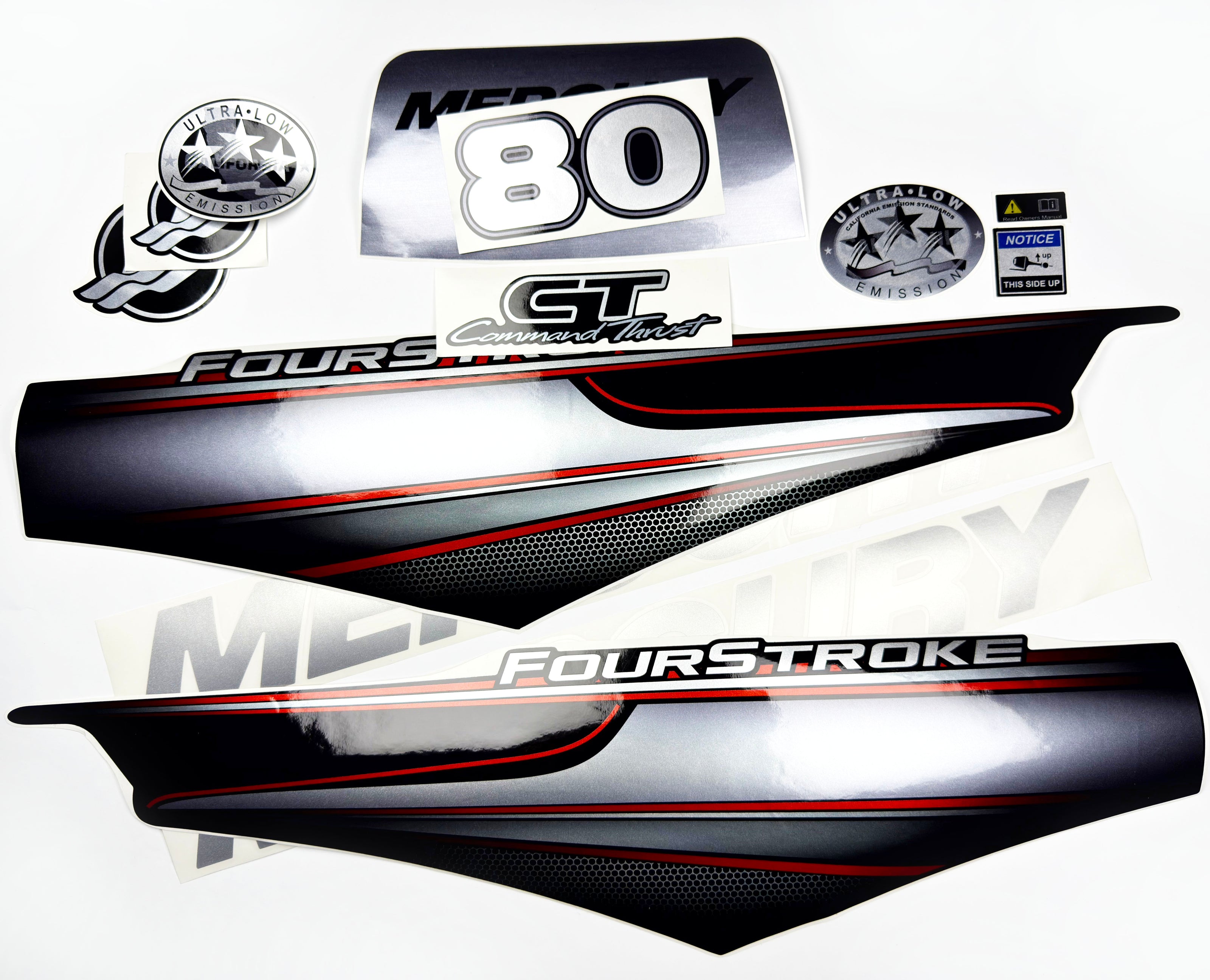 Vinyl graphic silver shimmer decals set suitable for Mercury 80 hp four stroke outboard engine. Vinyl silver shimmer stickers kit for Mercury 80 hp four stroke Handmade