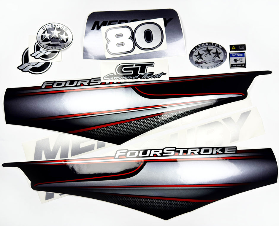 Vinyl graphic silver shimmer decals set suitable for Mercury 80 hp four stroke outboard engine. Vinyl silver shimmer stickers kit for Mercury 80 hp four stroke Handmade