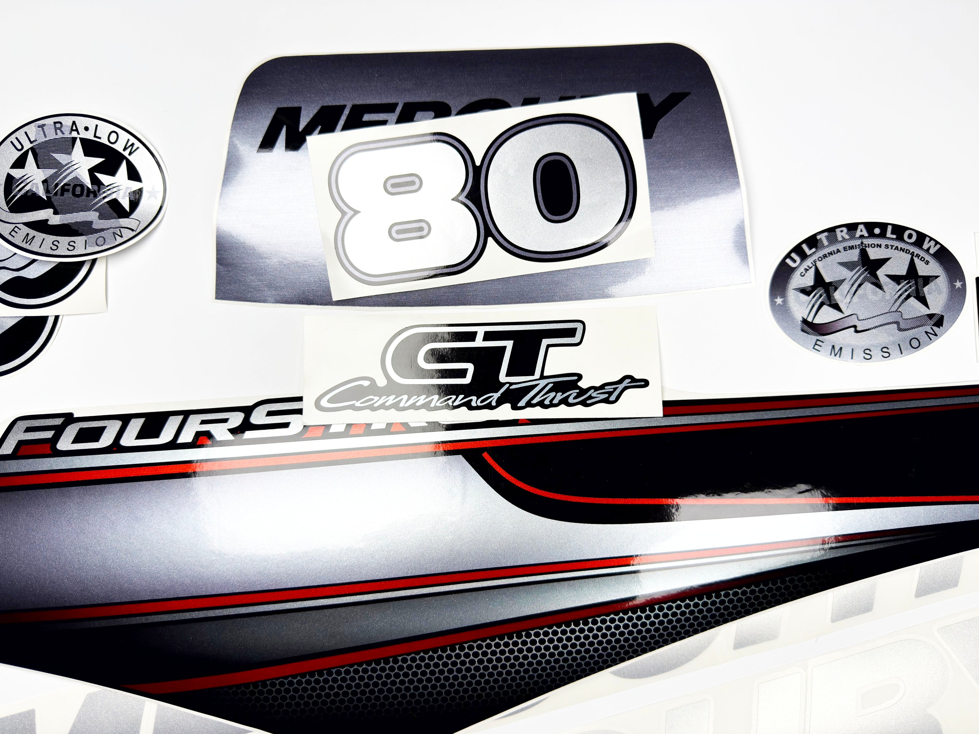 Vinyl graphic silver shimmer decals set suitable for Mercury 80 hp four stroke outboard engine. Vinyl silver shimmer stickers kit for Mercury 80 hp four stroke Handmade