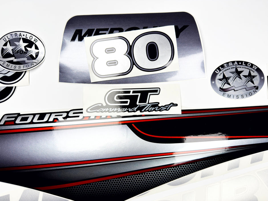 Vinyl graphic silver shimmer decals set suitable for Mercury 80 hp four stroke outboard engine. Vinyl silver shimmer stickers kit for Mercury 80 hp four stroke Handmade