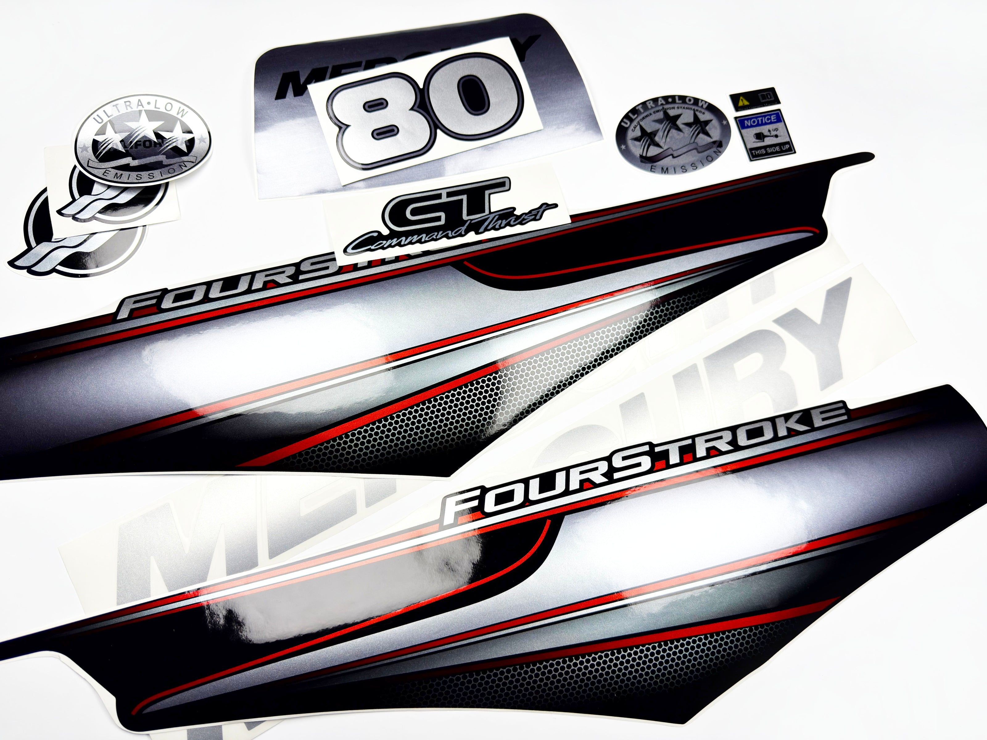 Vinyl graphic silver shimmer decals set suitable for Mercury 80 hp four stroke outboard engine. Vinyl silver shimmer stickers kit for Mercury 80 hp four stroke Handmade