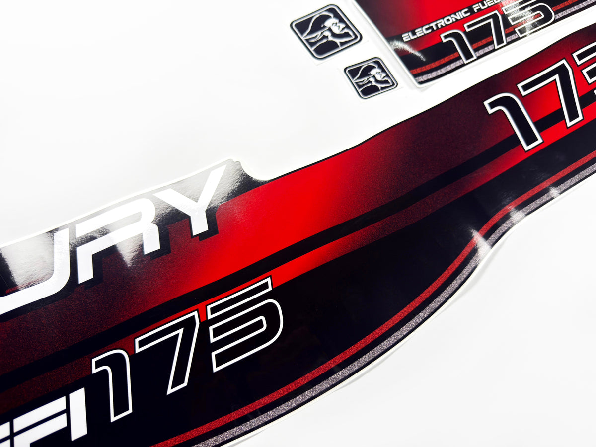 Vinyl red graphic decals set suitable for Mercury 175 hp two stroke EFI outboard engine. Vinyl stickers kit for Mercury 175 hp Handmade