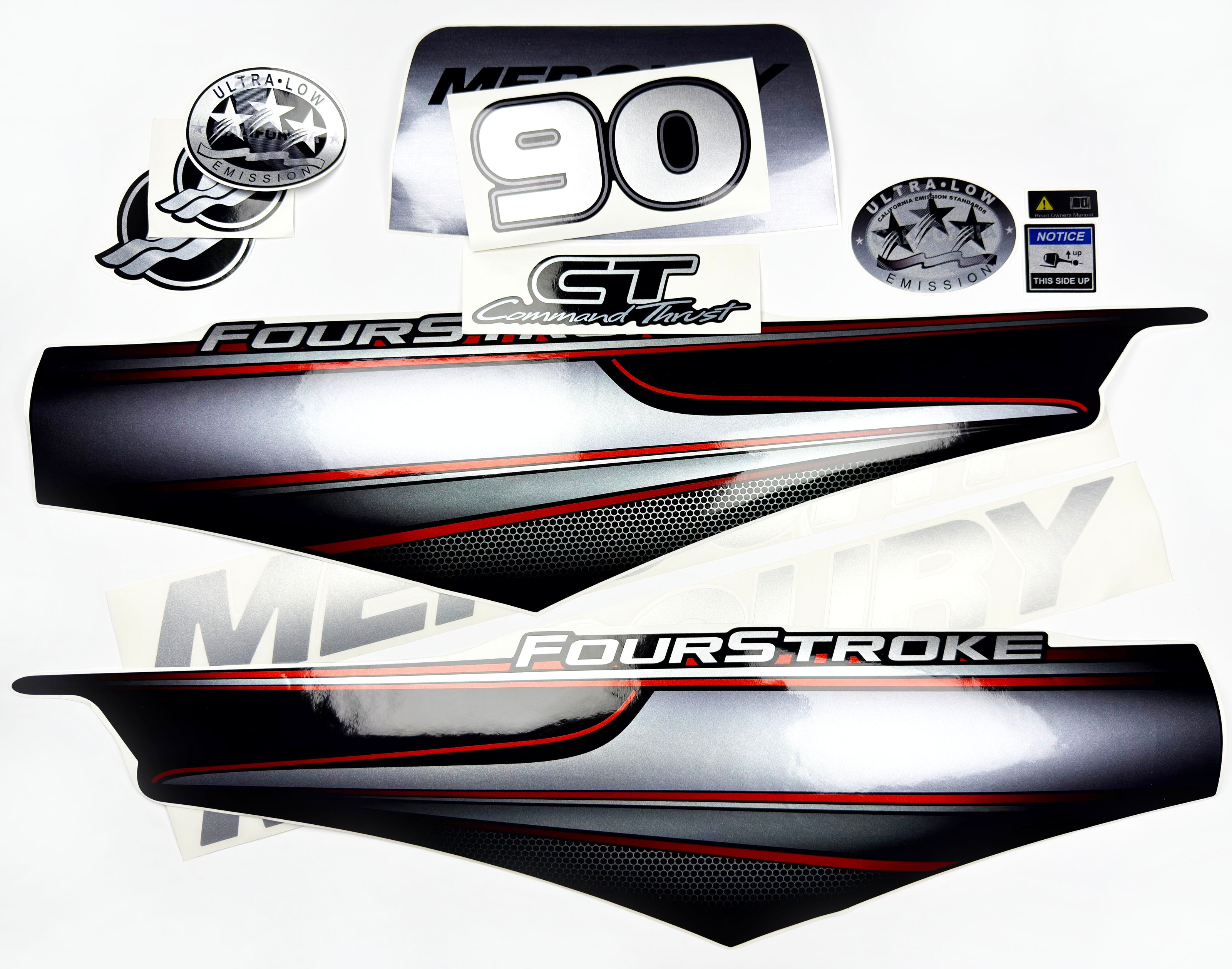 Vinyl graphic silver shimmer decals set suitable for Mercury 90 hp four stroke outboard engine. Vinyl silver shimmer stickers kit for Mercury 90 hp four stroke Handmade