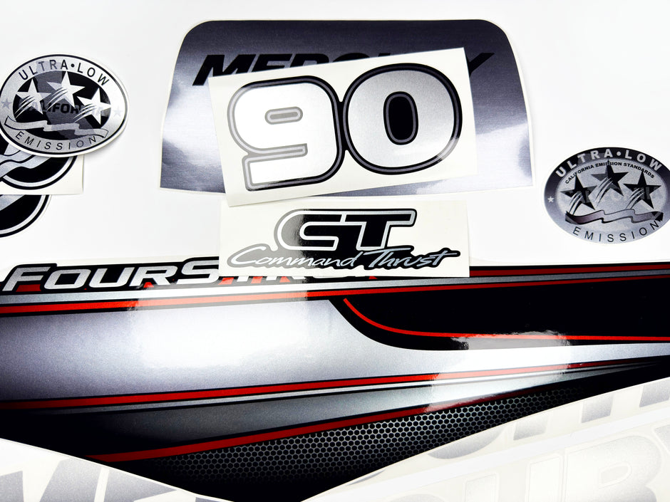 Vinyl graphic silver shimmer decals set suitable for Mercury 90 hp four stroke outboard engine. Vinyl silver shimmer stickers kit for Mercury 90 hp four stroke Handmade