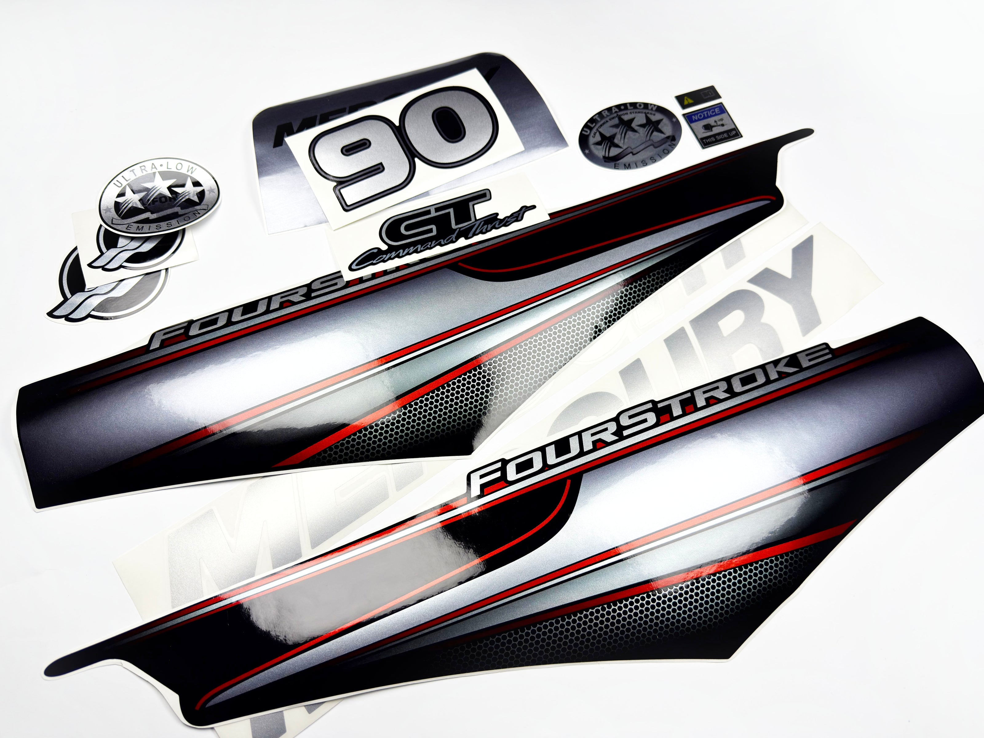 Vinyl graphic silver shimmer decals set suitable for Mercury 90 hp four stroke outboard engine. Vinyl silver shimmer stickers kit for Mercury 90 hp four stroke Handmade