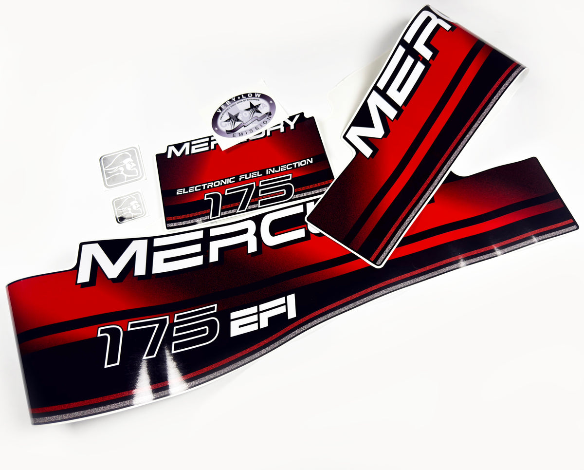 Vinyl red graphic decals set suitable for Mercury 175 hp two stroke EFI outboard engine. Vinyl stickers kit for Mercury 175 hp Handmade