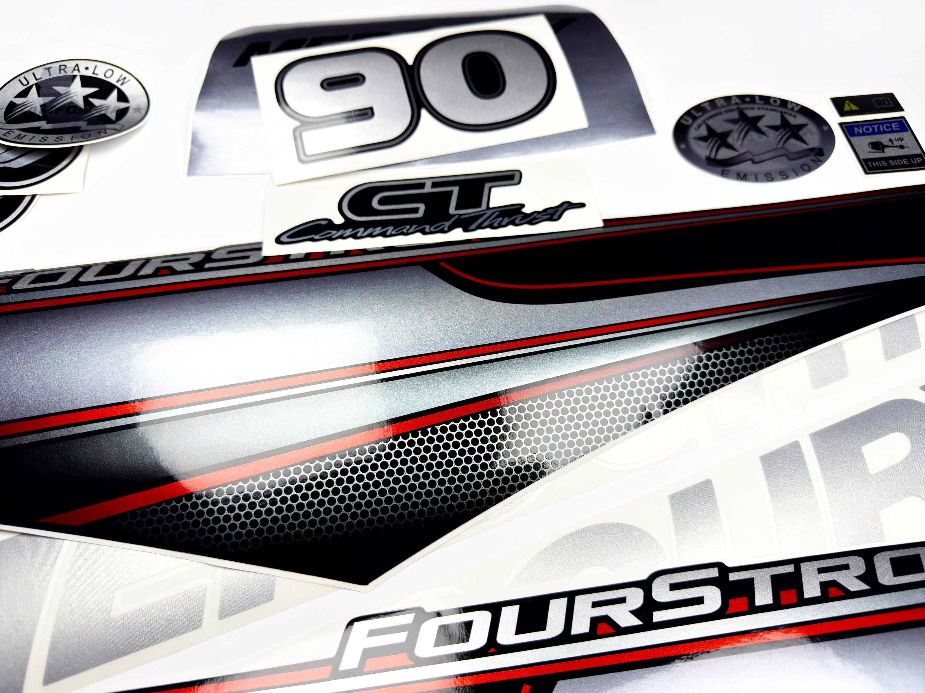 Vinyl graphic silver shimmer decals set suitable for Mercury 90 hp four stroke outboard engine. Vinyl silver shimmer stickers kit for Mercury 90 hp four stroke Handmade