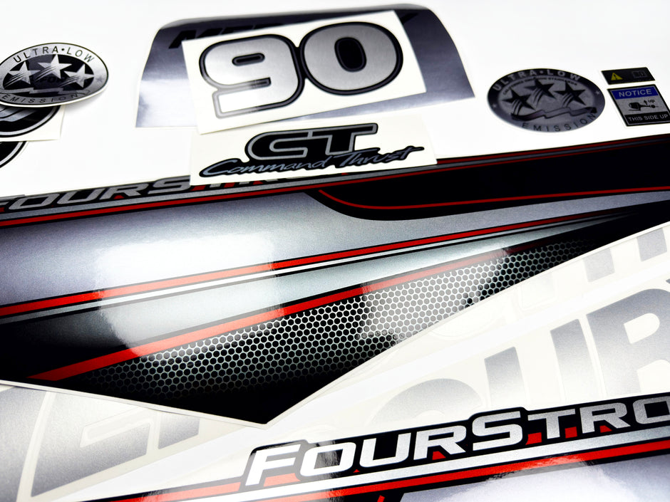 Vinyl graphic silver shimmer decals set suitable for Mercury 90 hp four stroke outboard engine. Vinyl silver shimmer stickers kit for Mercury 90 hp four stroke Handmade