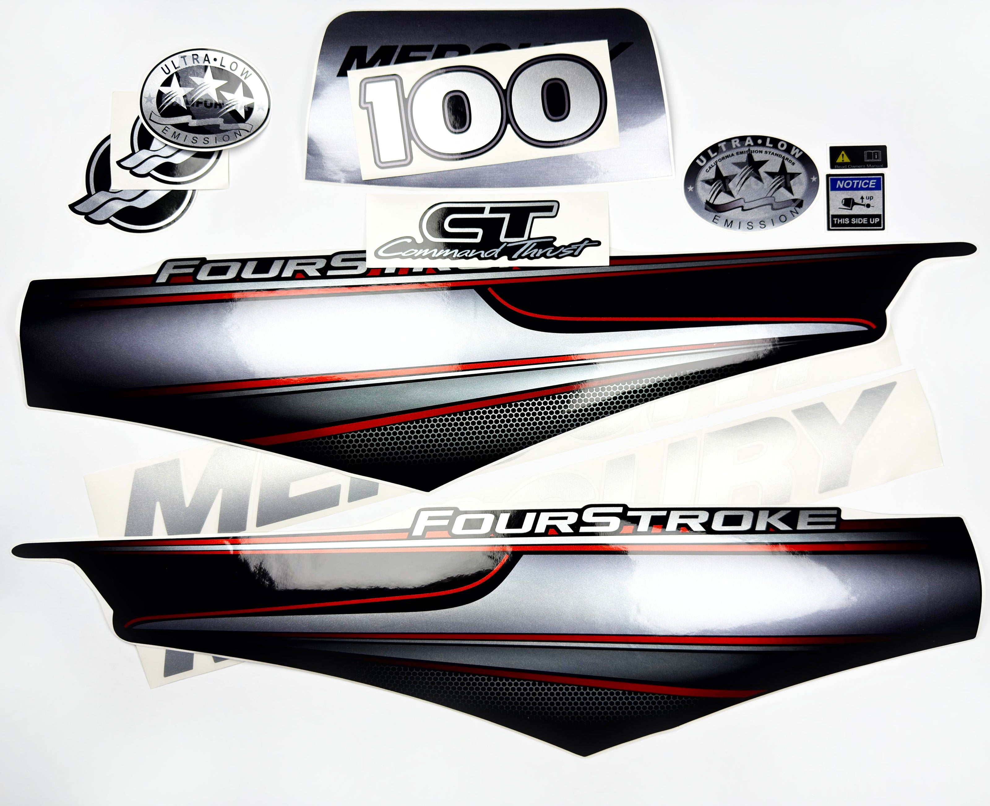 Vinyl graphic silver shimmer decals set suitable for Mercury 100 hp four stroke outboard engine. Vinyl silver shimmer stickers kit for Mercury 100 hp four stroke Handmade