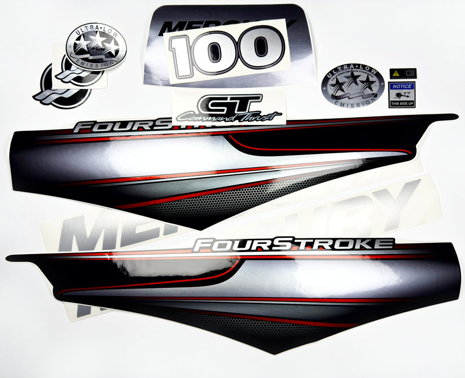 Vinyl graphic silver shimmer decals set suitable for Mercury 100 hp four stroke outboard engine. Vinyl silver shimmer stickers kit for Mercury 100 hp four stroke Handmade