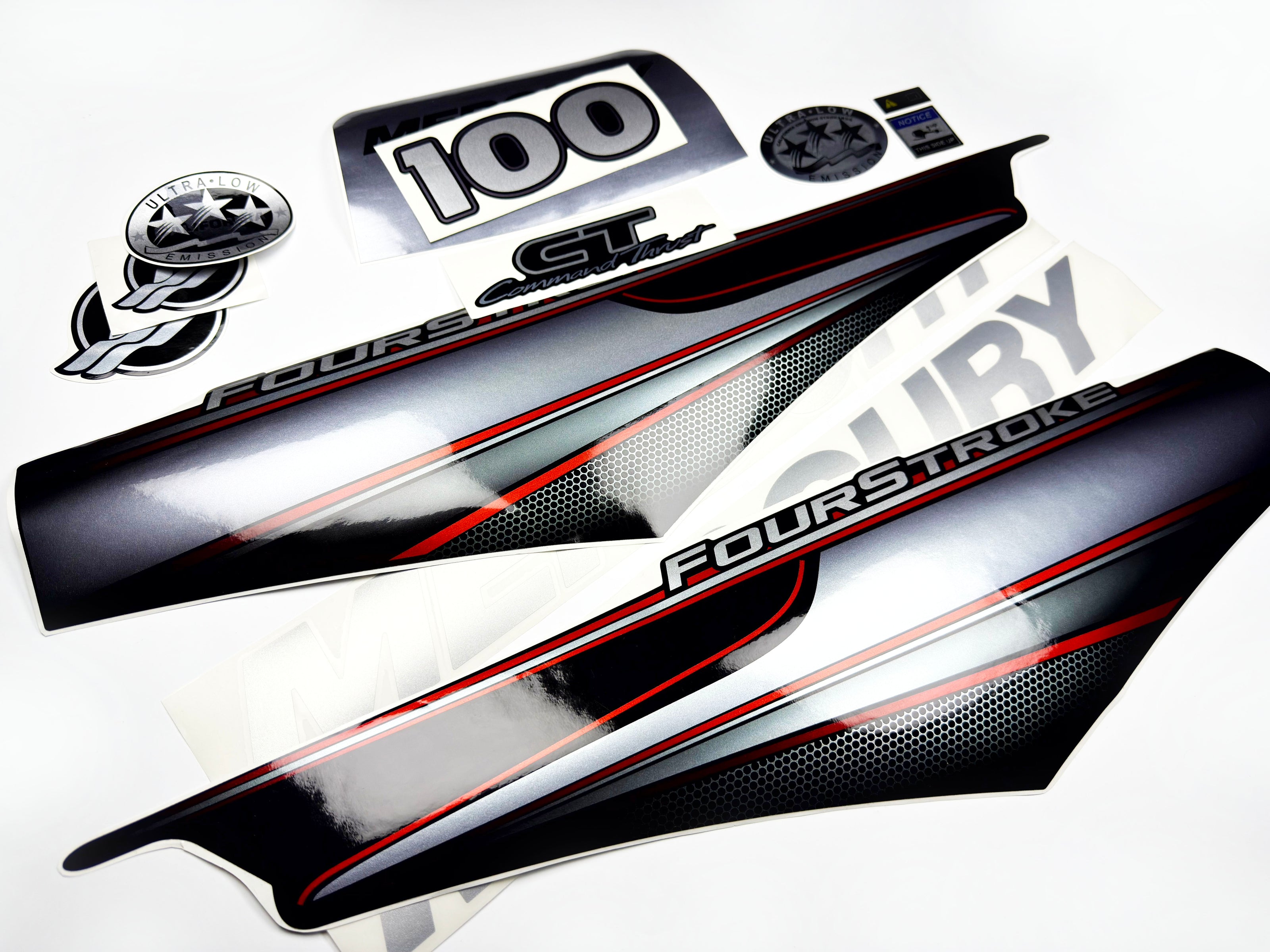 Vinyl graphic silver shimmer decals set suitable for Mercury 100 hp four stroke outboard engine. Vinyl silver shimmer stickers kit for Mercury 100 hp four stroke Handmade
