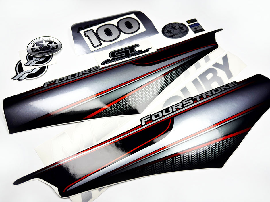 Vinyl graphic silver shimmer decals set suitable for Mercury 100 hp four stroke outboard engine. Vinyl silver shimmer stickers kit for Mercury 100 hp four stroke Handmade