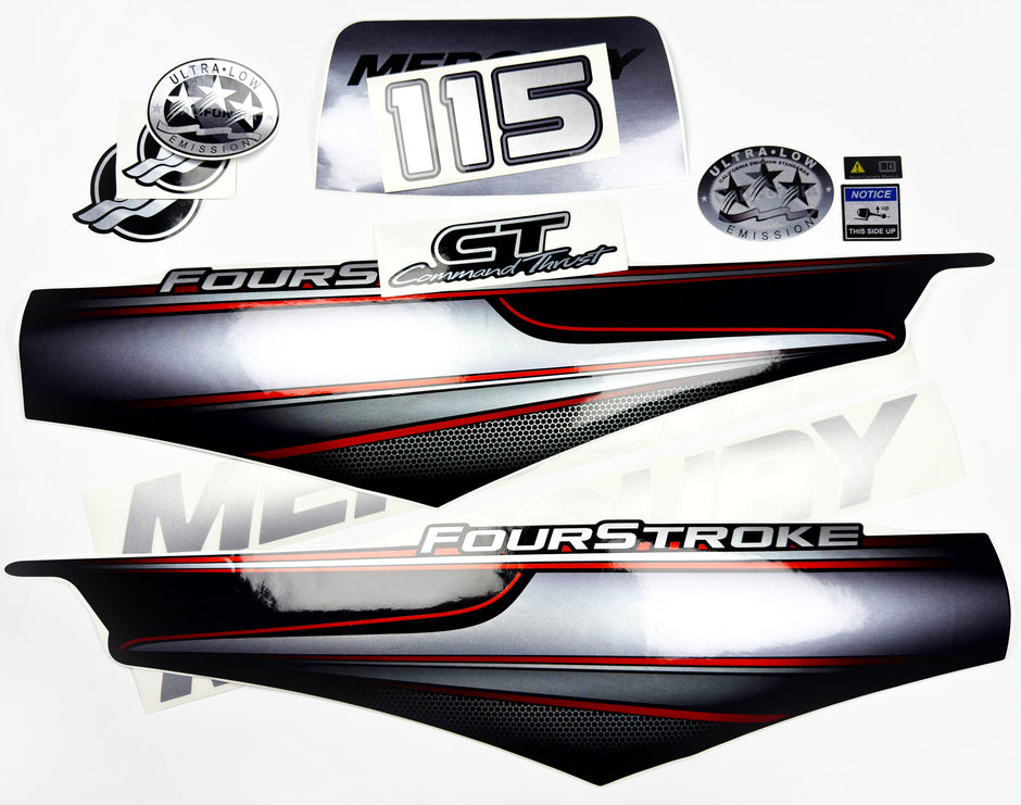 Vinyl graphic silver shimmer decals set suitable for Mercury 115 hp four stroke outboard engine. Vinyl silver shimmer stickers kit for Mercury 115 hp four stroke Handmade