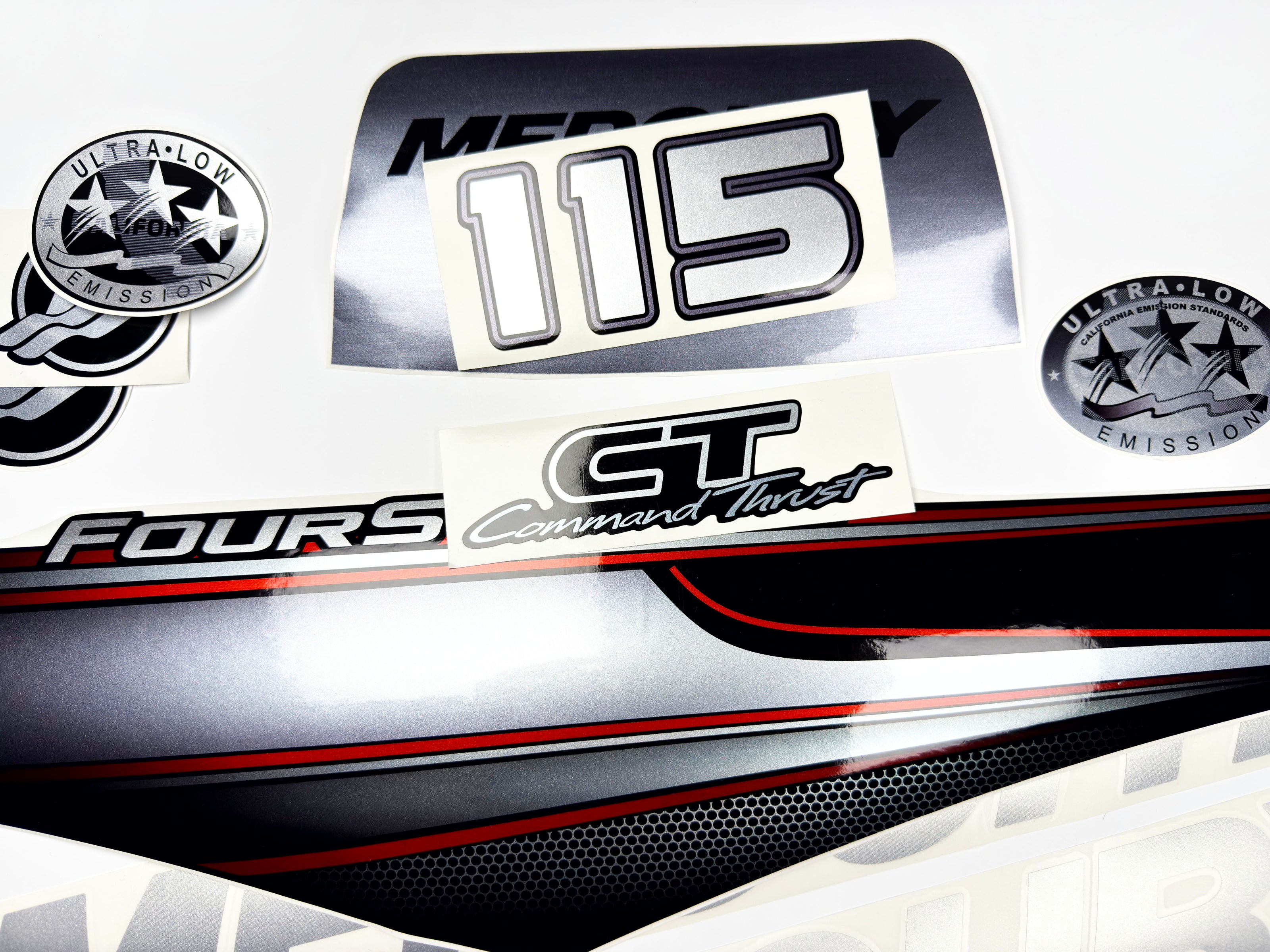 Vinyl graphic silver shimmer decals set suitable for Mercury 115 hp four stroke outboard engine. Vinyl silver shimmer stickers kit for Mercury 115 hp four stroke Handmade