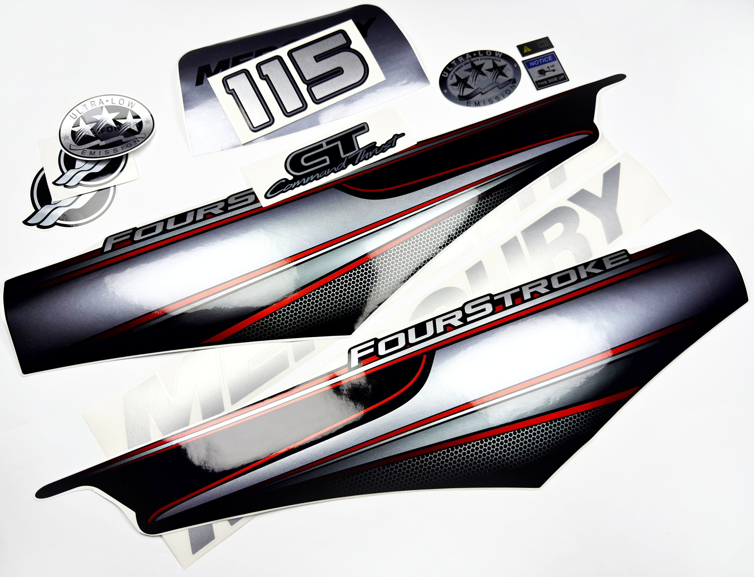 Vinyl graphic silver shimmer decals set suitable for Mercury 115 hp four stroke outboard engine. Vinyl silver shimmer stickers kit for Mercury 115 hp four stroke Handmade