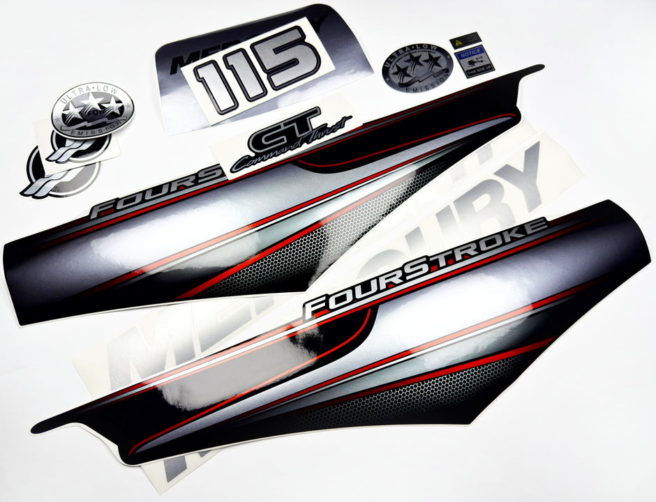 Vinyl graphic silver shimmer decals set suitable for Mercury 115 hp four stroke outboard engine. Vinyl silver shimmer stickers kit for Mercury 115 hp four stroke Handmade
