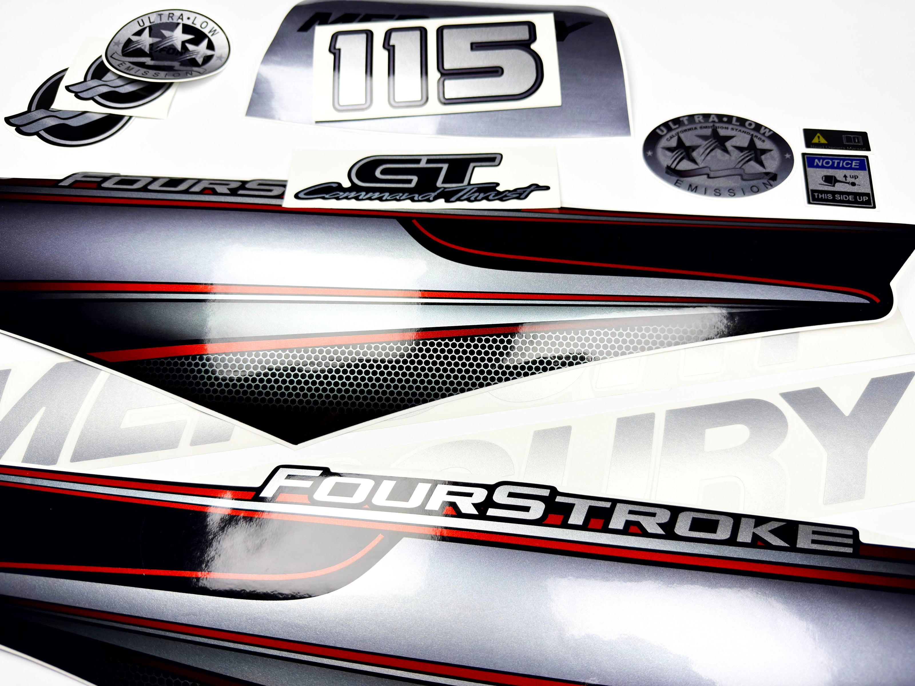 Vinyl graphic silver shimmer decals set suitable for Mercury 115 hp four stroke outboard engine. Vinyl silver shimmer stickers kit for Mercury 115 hp four stroke Handmade