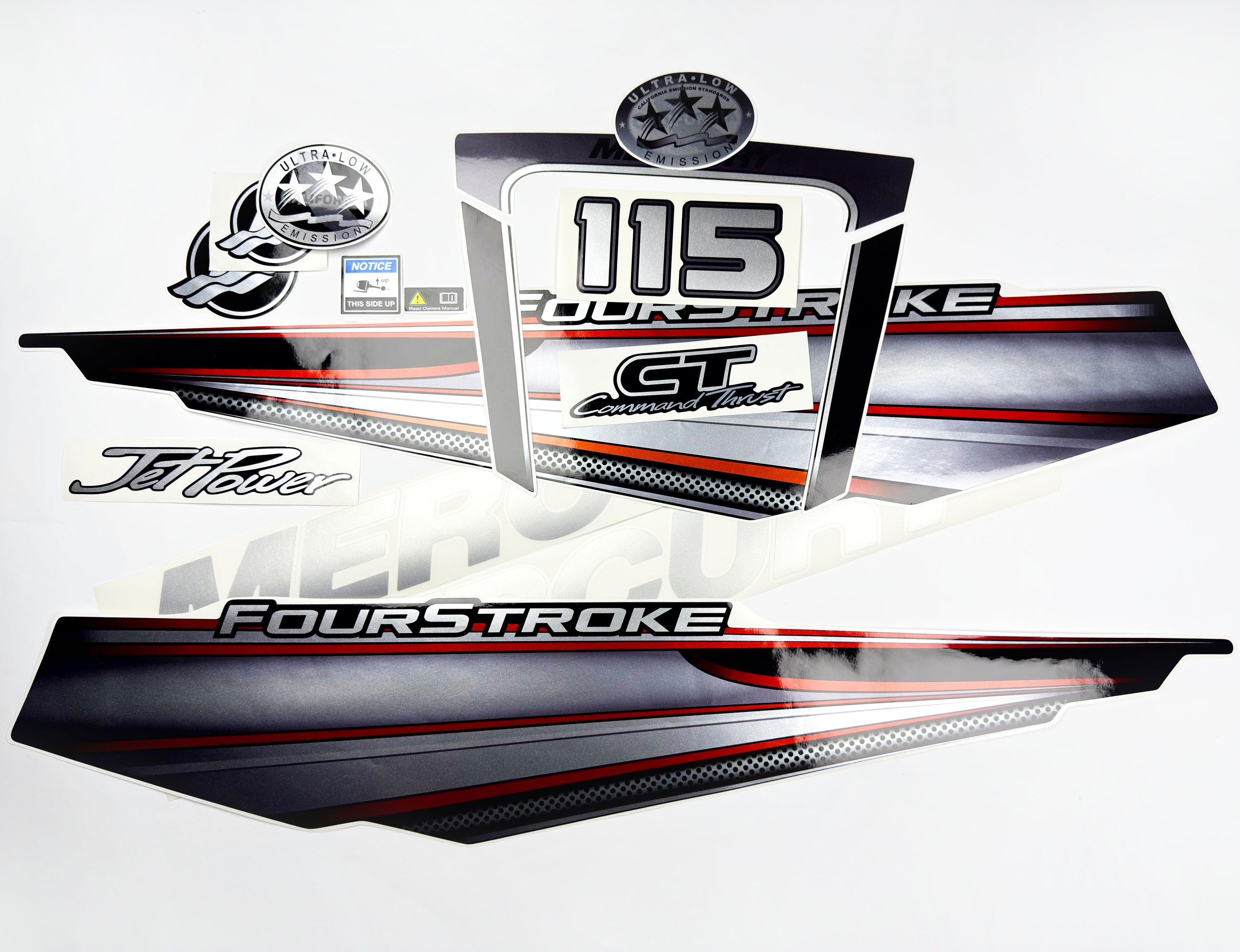 Vinyl graphic silver shimmer decals set suitable for Mercury 115 hp four stroke outboard engine. Vinyl silver shimmer stickers kit for Mercury 115 hp four stroke Handmade
