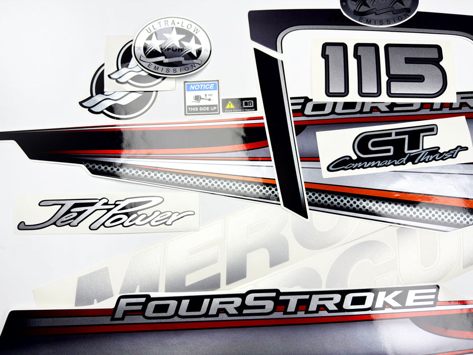 Vinyl graphic silver shimmer decals set suitable for Mercury 115 hp four stroke outboard engine. Vinyl silver shimmer stickers kit for Mercury 115 hp four stroke Handmade