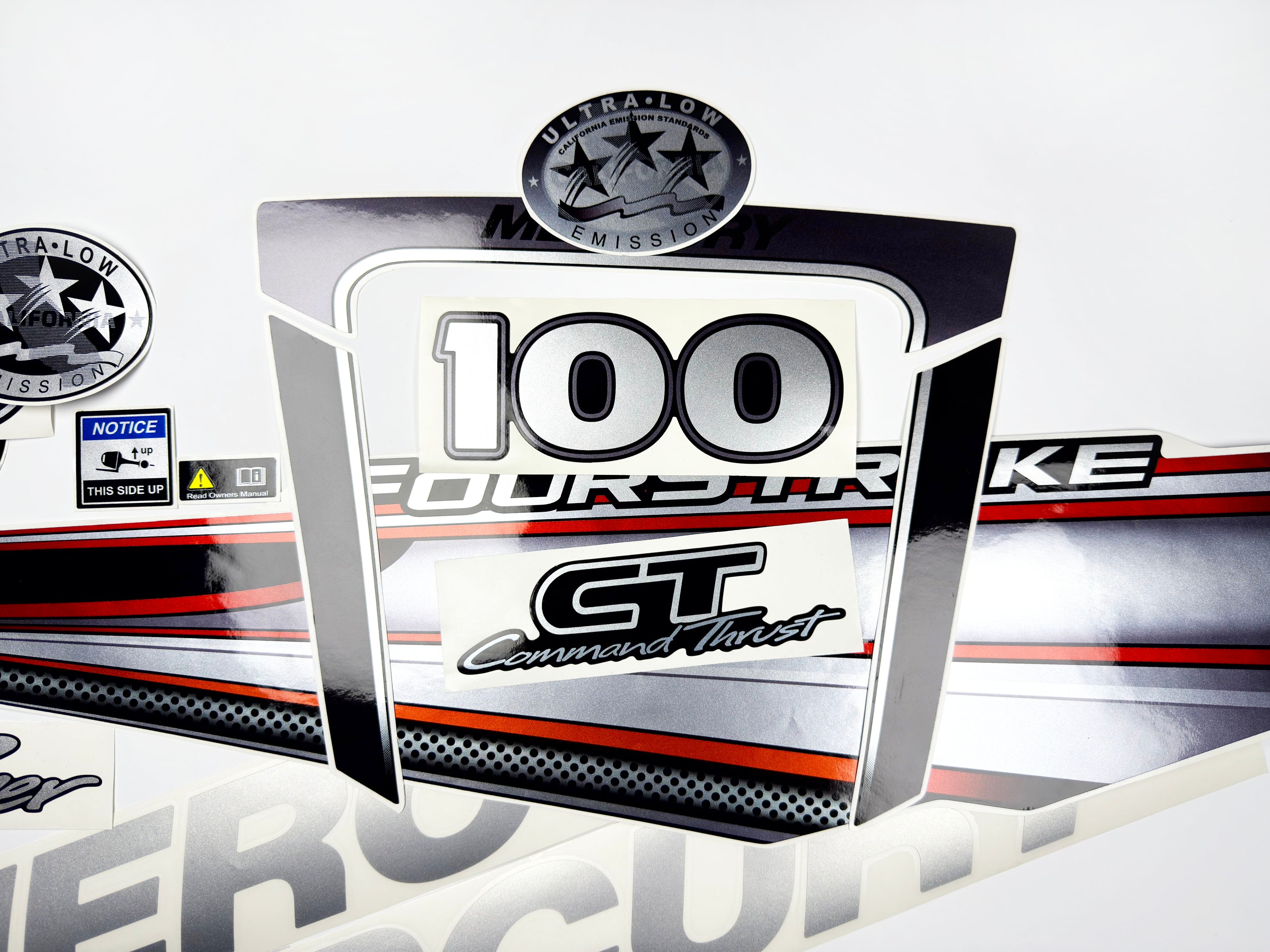 Vinyl graphic silver shimmer decals set suitable for Mercury 100 hp four stroke outboard engine. Vinyl silver shimmer stickers kit for Mercury 100 hp four stroke Handmade