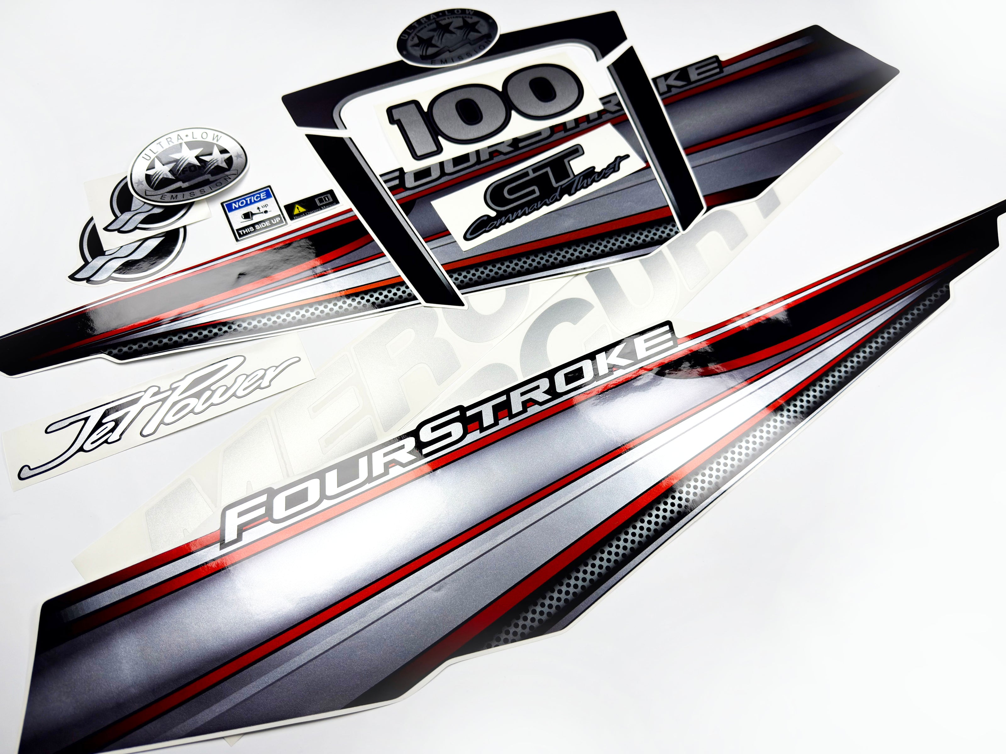 Vinyl graphic silver shimmer decals set suitable for Mercury 100 hp four stroke outboard engine. Vinyl silver shimmer stickers kit for Mercury 100 hp four stroke Handmade