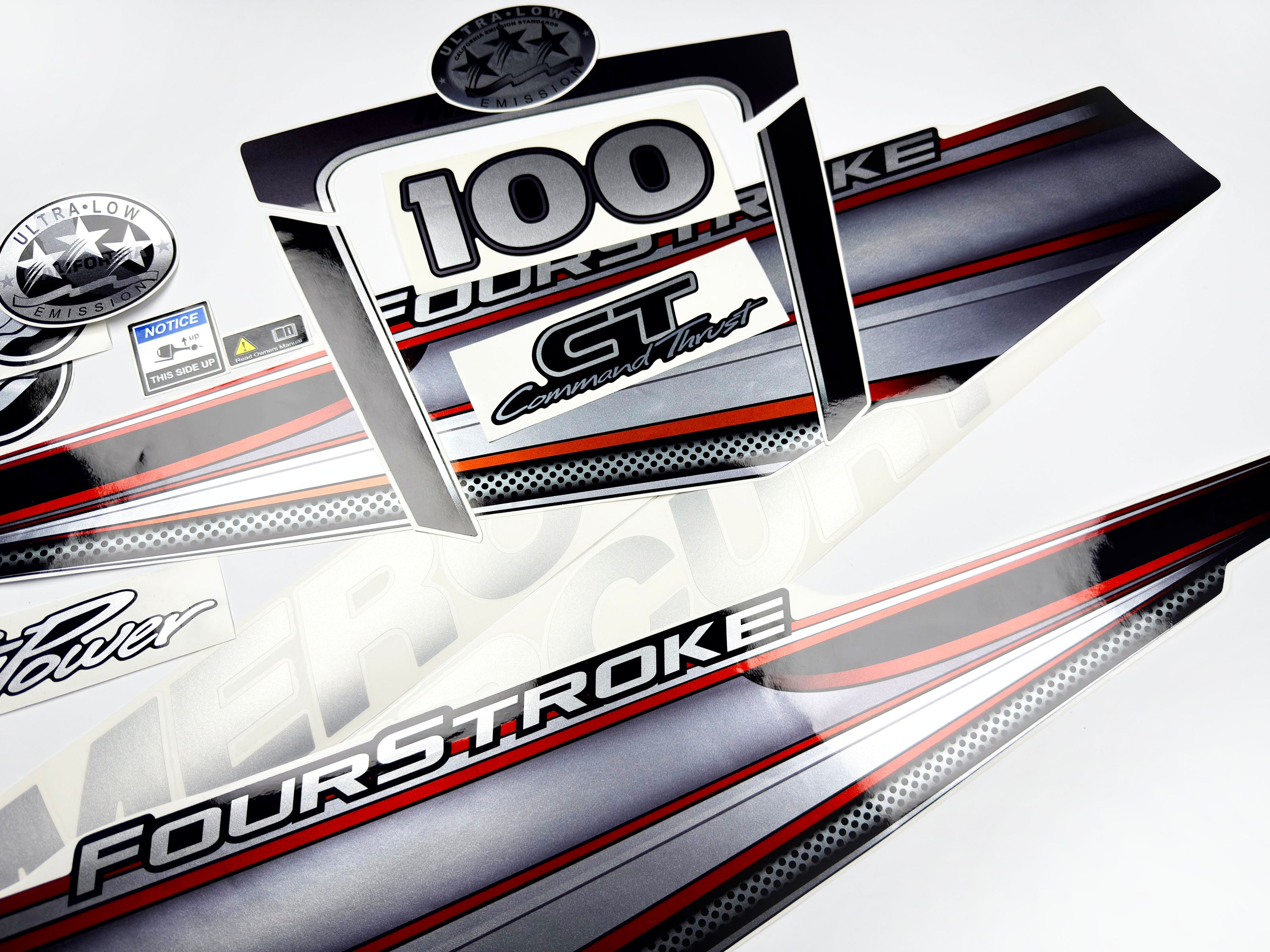 Vinyl graphic silver shimmer decals set suitable for Mercury 100 hp four stroke outboard engine. Vinyl silver shimmer stickers kit for Mercury 100 hp four stroke Handmade