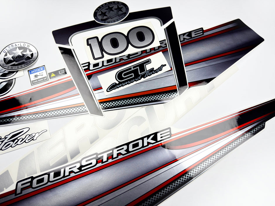 Vinyl graphic silver shimmer decals set suitable for Mercury 100 hp four stroke outboard engine. Vinyl silver shimmer stickers kit for Mercury 100 hp four stroke Handmade