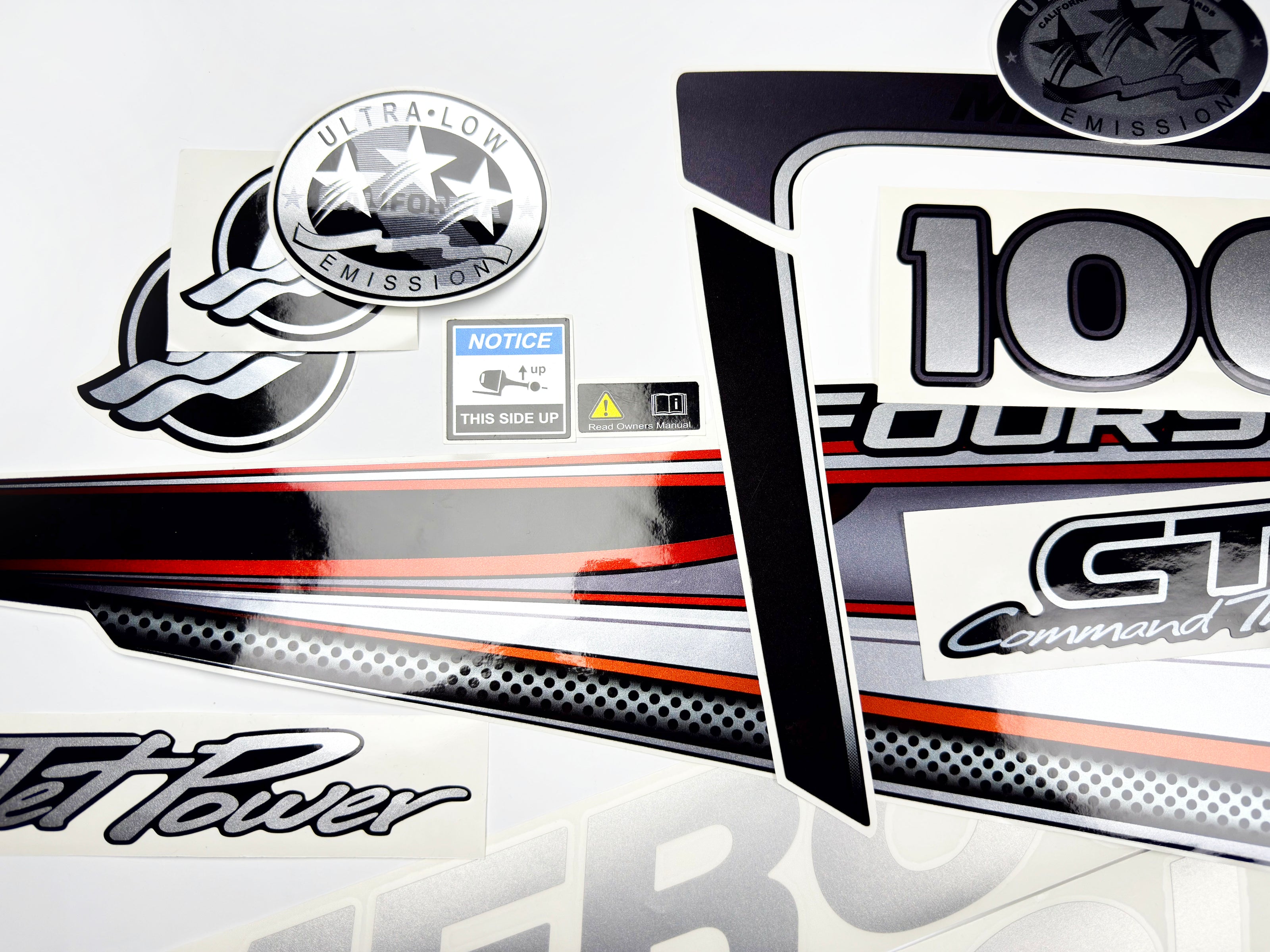 Vinyl graphic silver shimmer decals set suitable for Mercury 100 hp four stroke outboard engine. Vinyl silver shimmer stickers kit for Mercury 100 hp four stroke Handmade